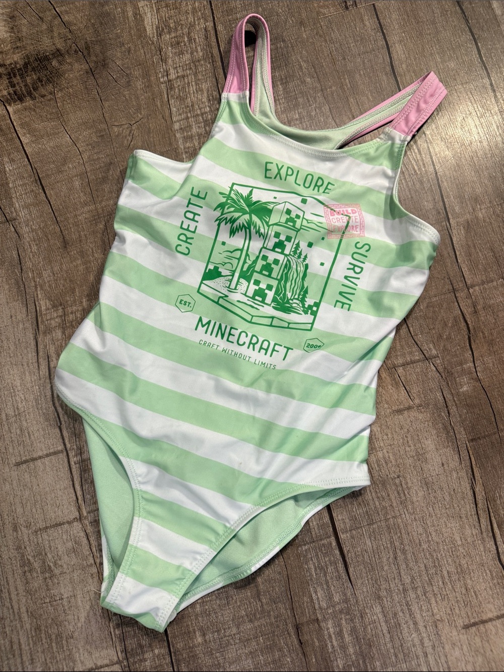5/$15 Minecraft Kids Stripe One-Piece Swimsuit in Mint & White girls 10/12